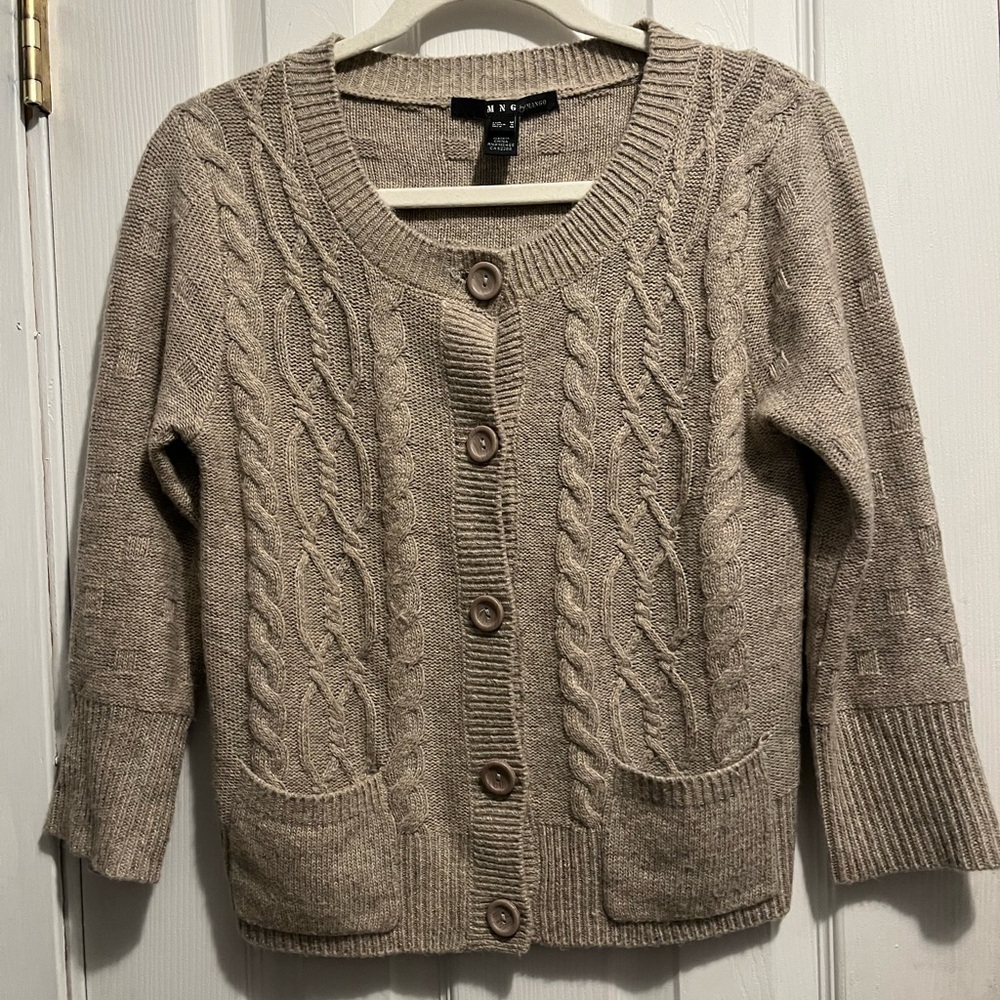 MNG By Mango Button Front Cardigan Cable Knit Front With Pockets 12% Angora